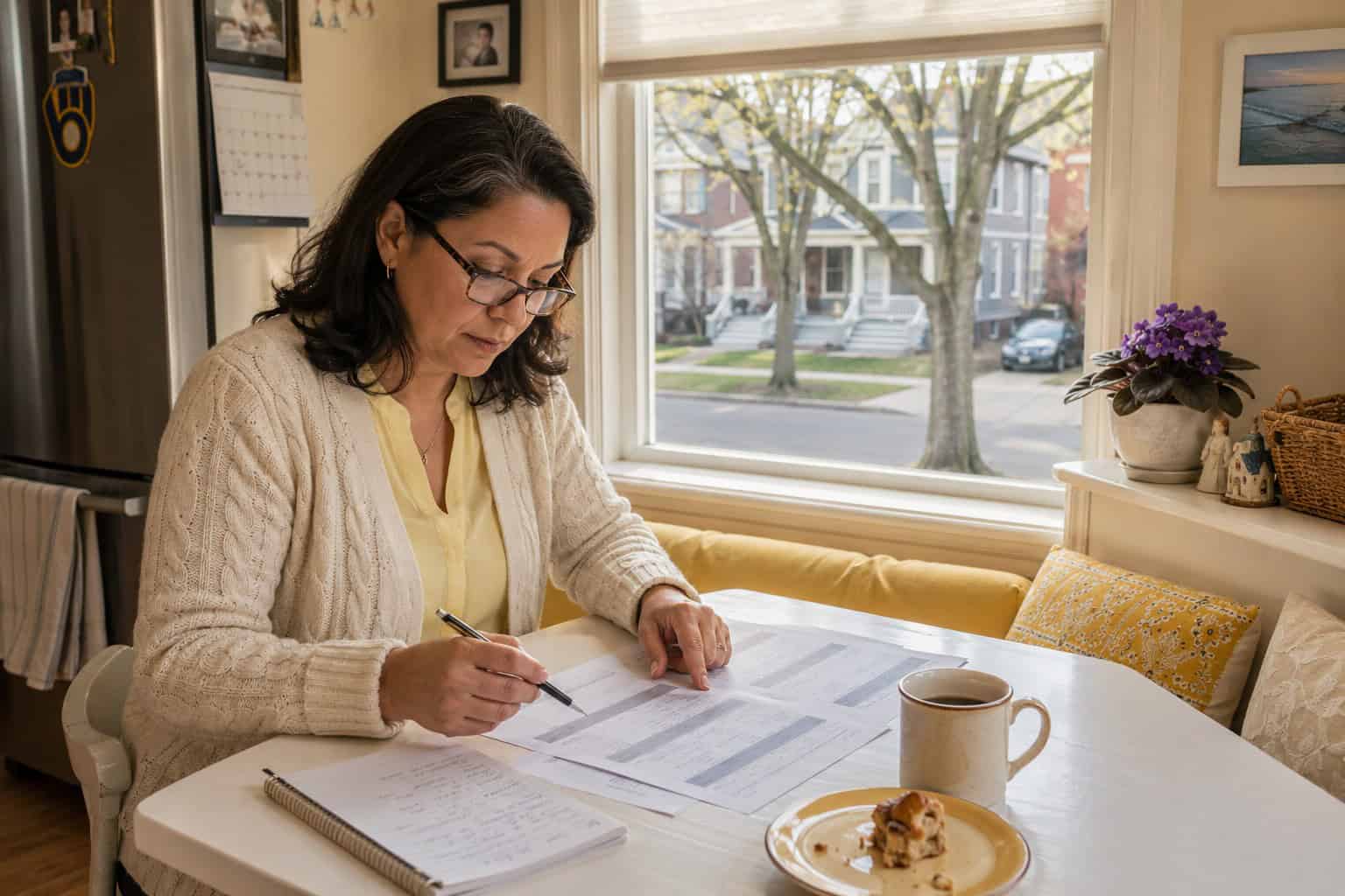 Latina woman in her 50s reviewing affordable health insurance Wisconsin plan options at a breakfast nook table in Milwaukee