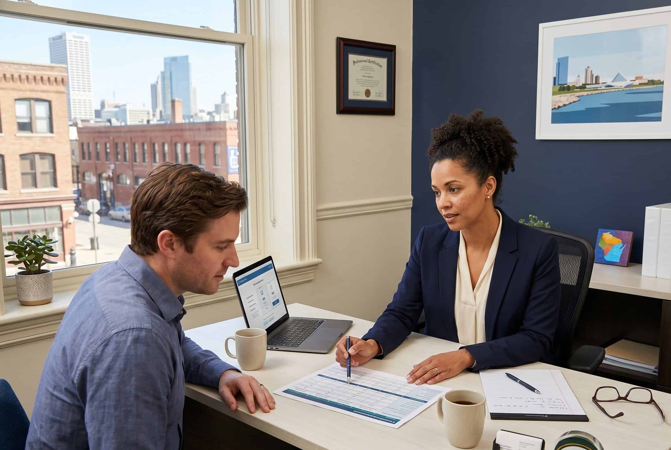 Wisconsin insurance broker consulting with a client across a desk in a Milwaukee office, reviewing 2026 carrier comparison options