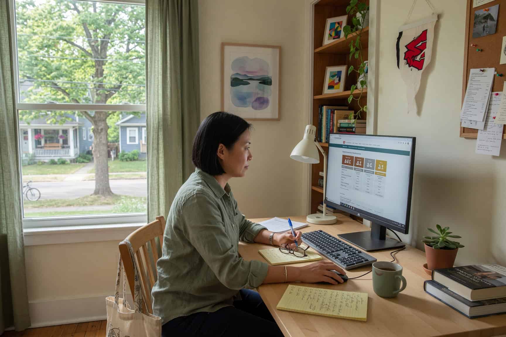 Asian woman in her 40s reviewing individual health insurance Wisconsin plan options at a home office desk in Madison