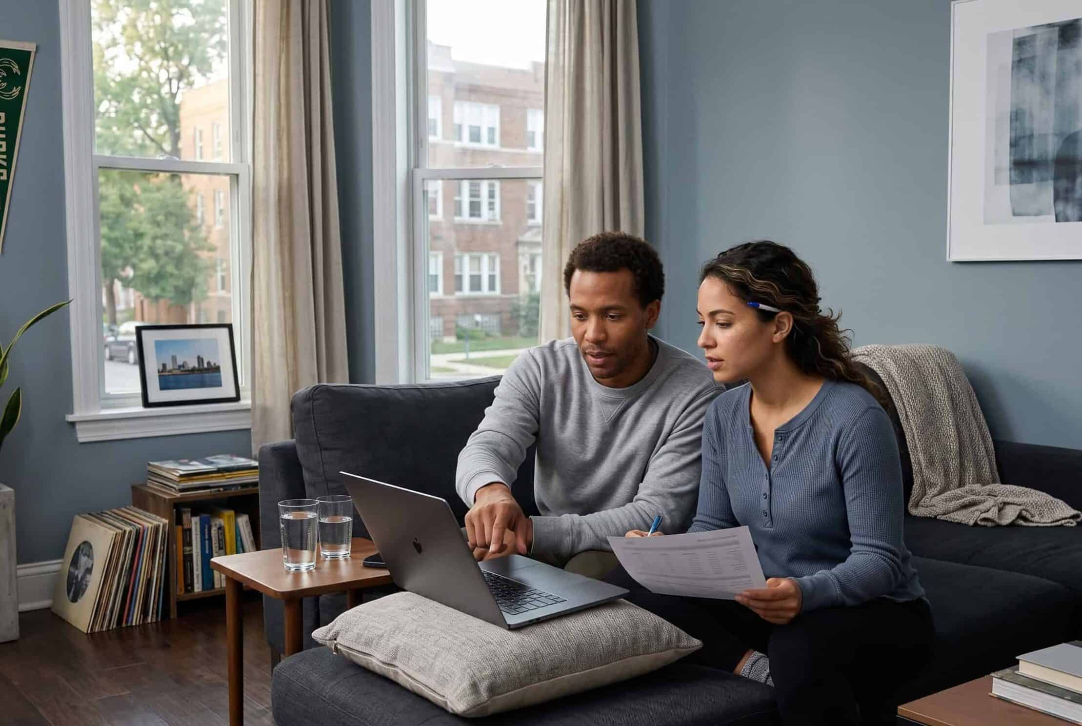 Wisconsin mixed-race couple in their 30s comparing 2026 HealthCare.gov marketplace plans on a laptop on their sofa in Milwaukee