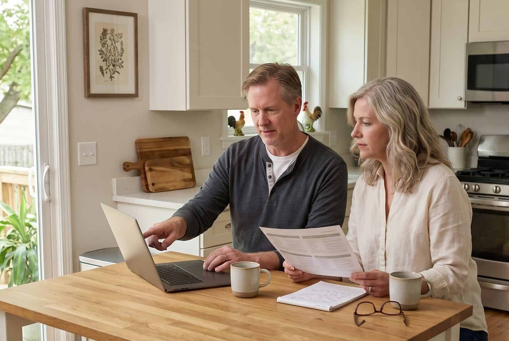 Wisconsin couple in their 50s reviewing 2026 health insurance options at a kitchen table in Madison with a grandchild's drawing on the fridge