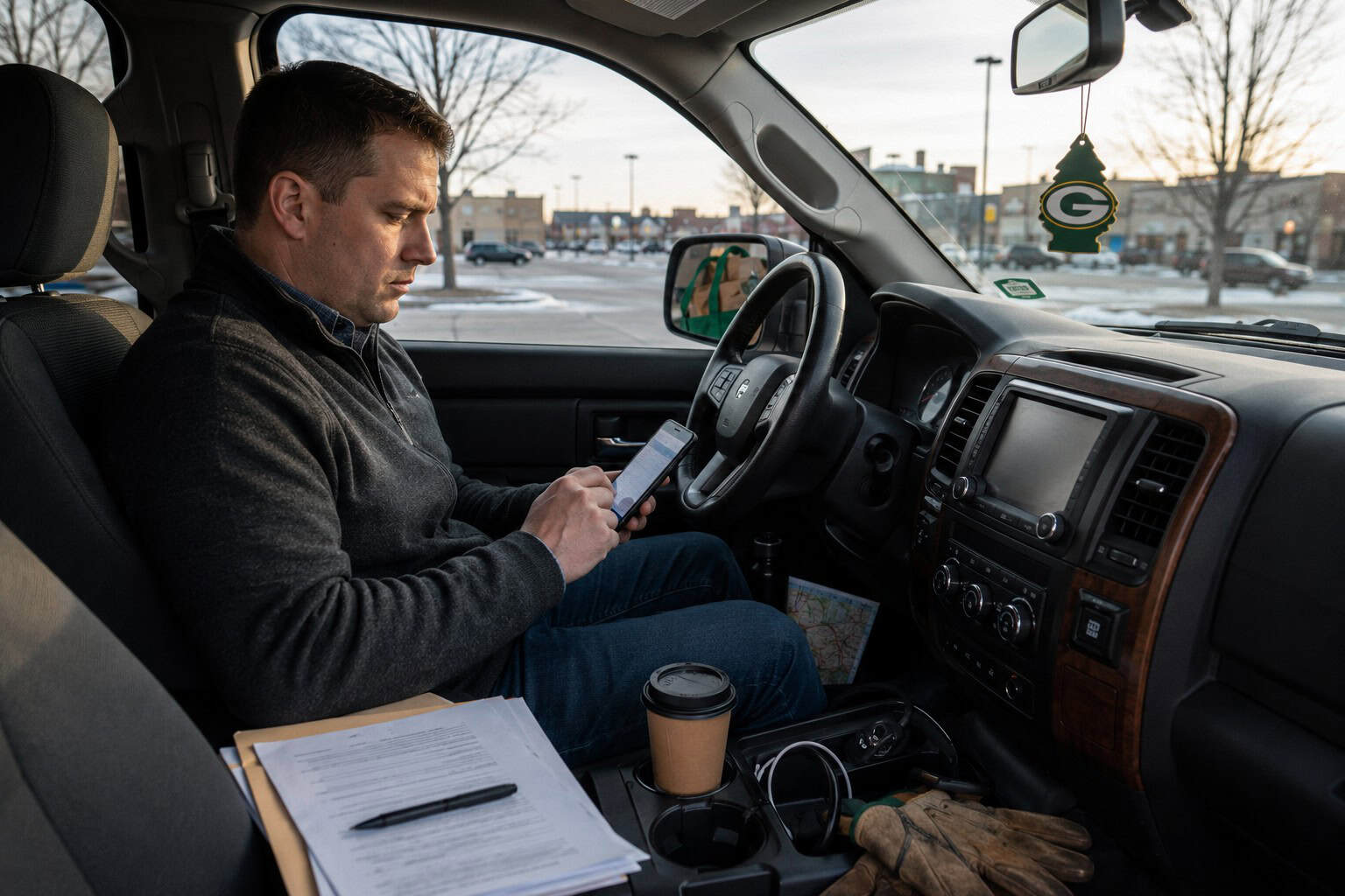 Wisconsin man in his early 30s reviewing short-term health insurance options on his phone in a parked car in Green Bay during a job transition