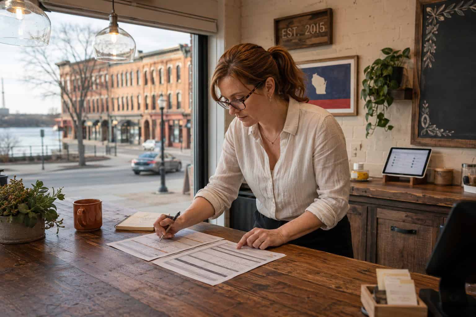 Wisconsin small business owner reviewing employee health insurance plan options at her shop counter in Eau Claire