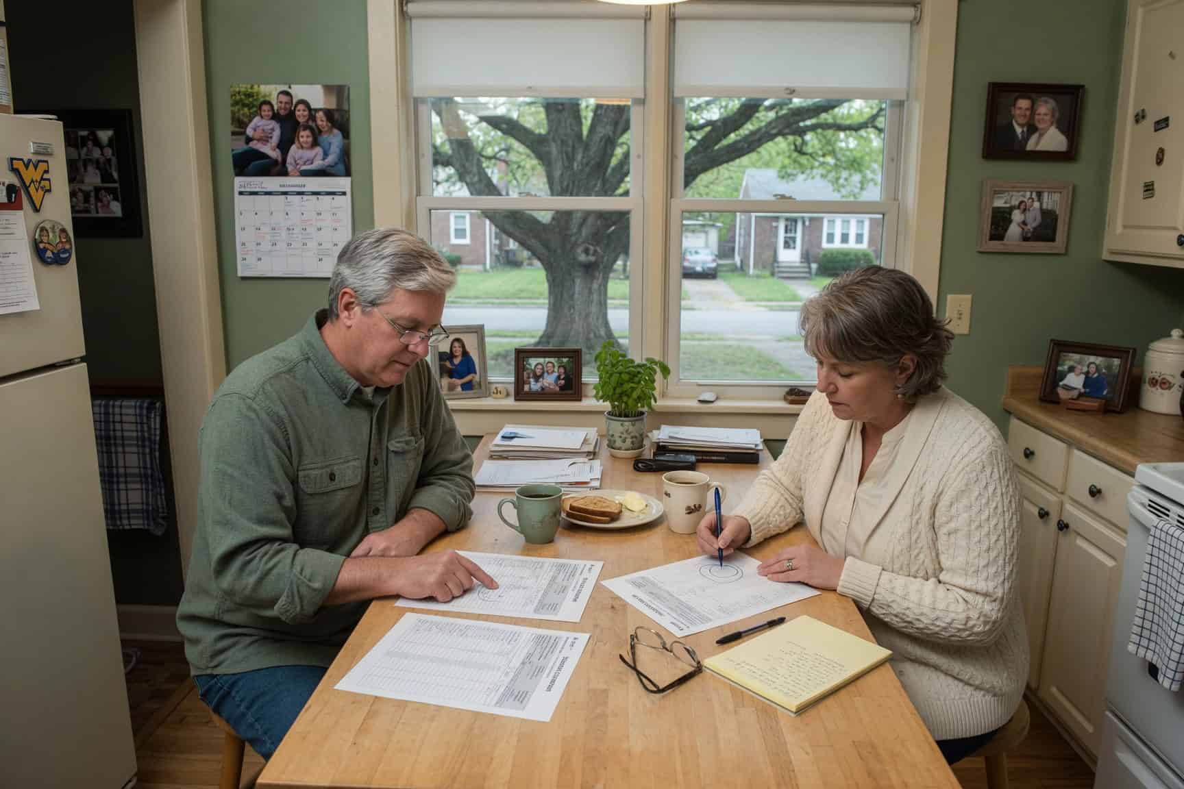 West Virginia couple in their 60s reviewing affordable health insurance options at a breakfast nook in Huntington