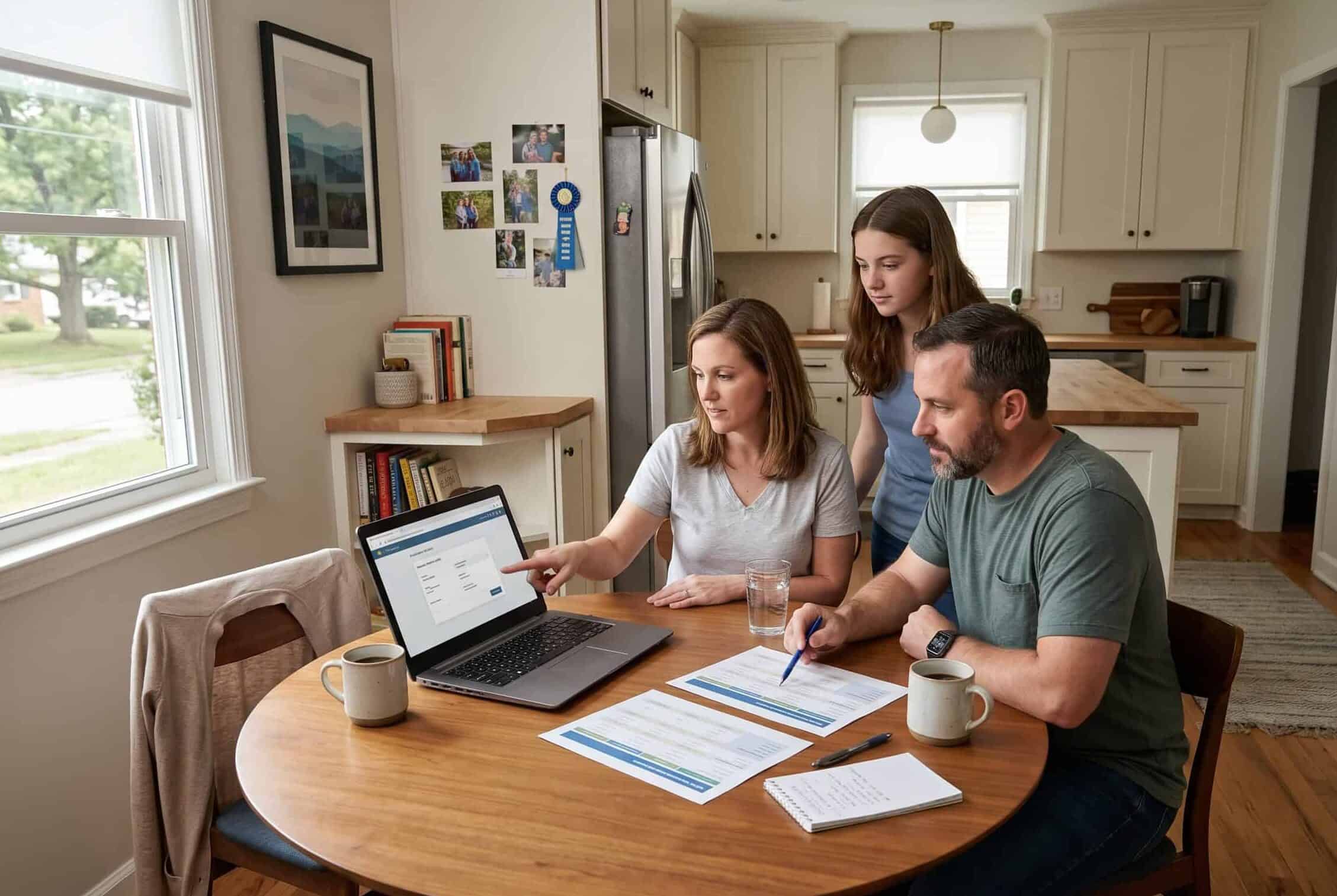 West Virginia couple at kitchen table reviewing 2026 Marketplace plans from Highmark and CareSource in Charleston