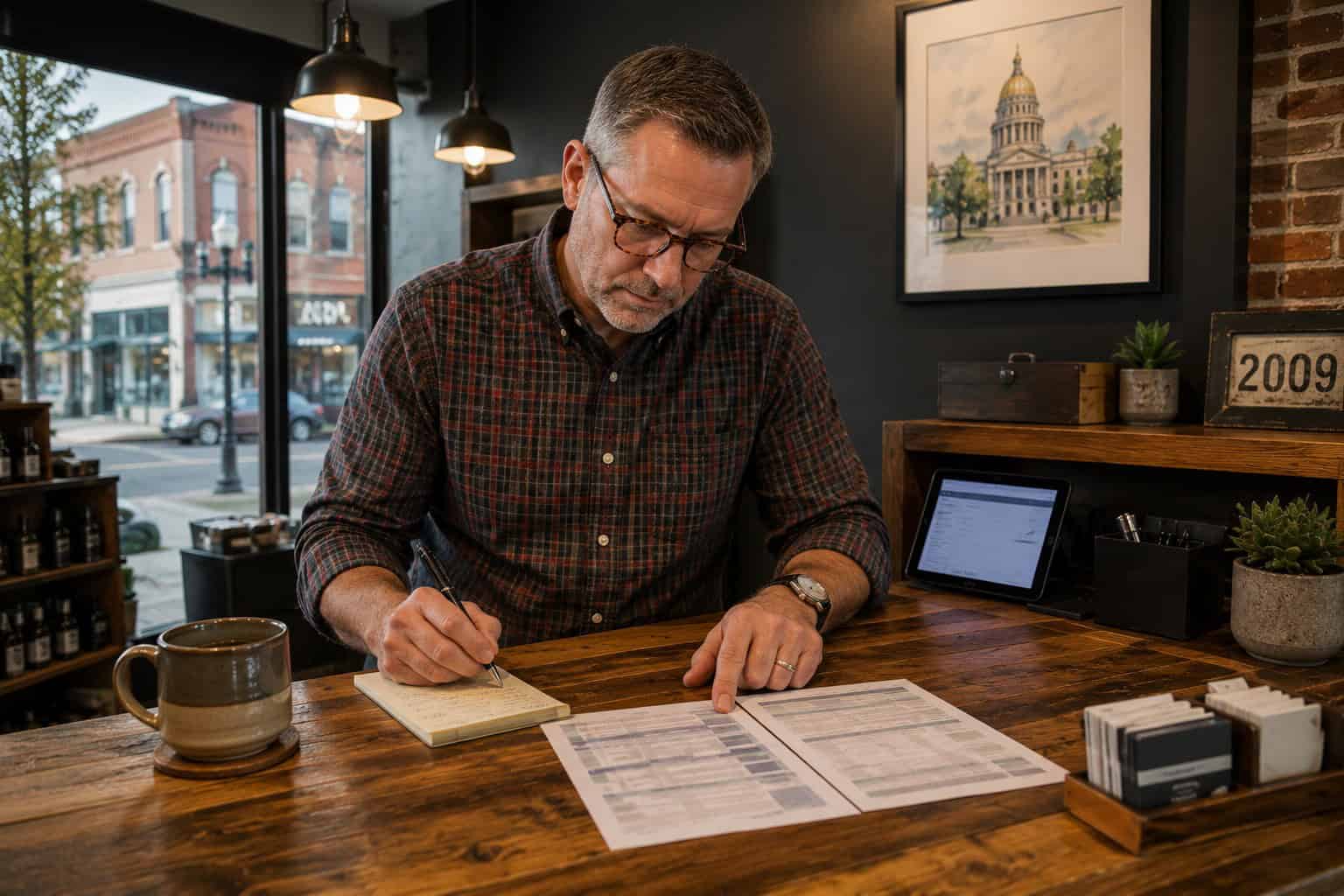 West Virginia small business owner reviewing employee health plan options at his shop counter in Charleston