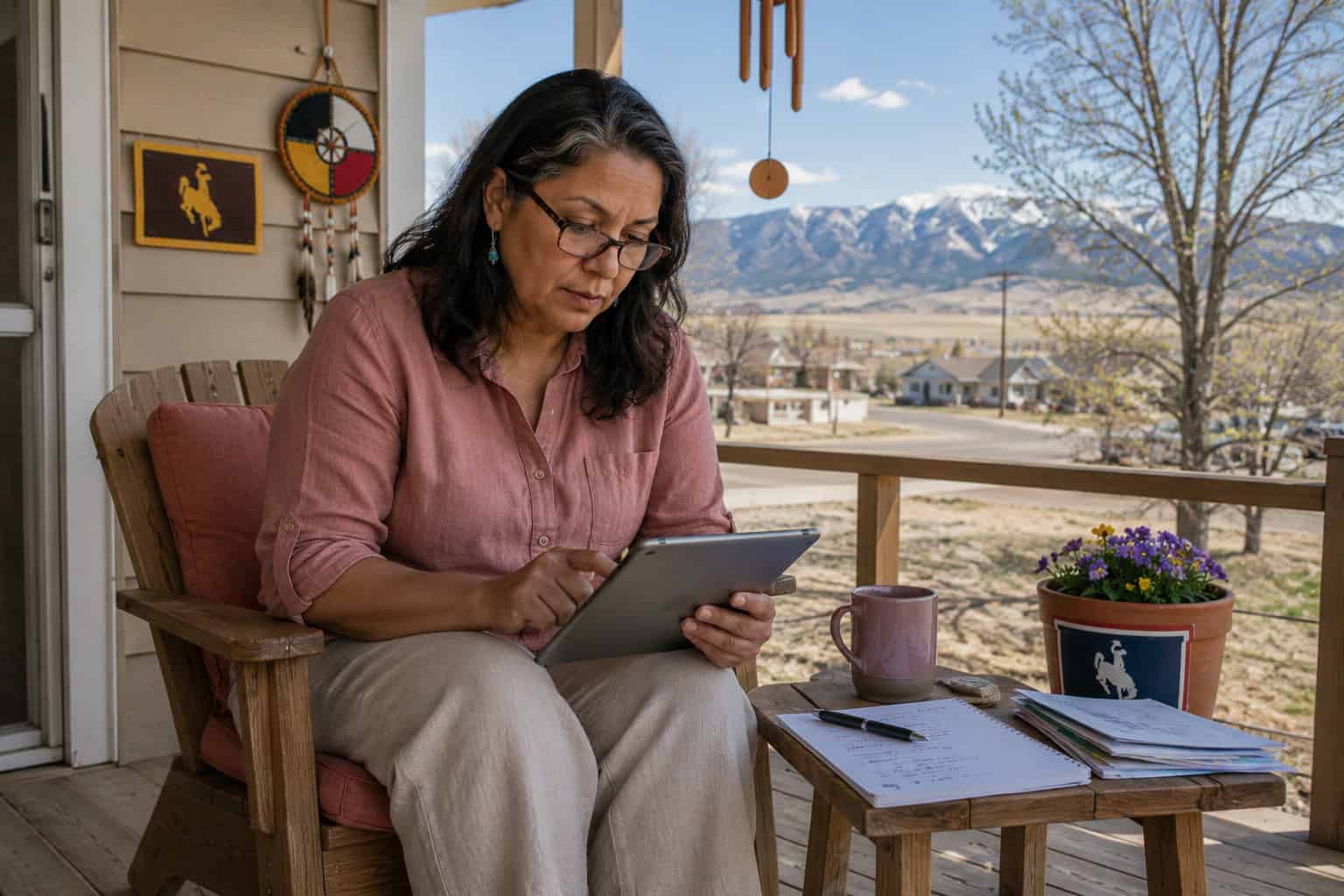 Wyoming woman in her 50s reviewing affordable health insurance Wyoming plan options on a tablet on her front porch in Laramie with the Laramie Mountains in the background