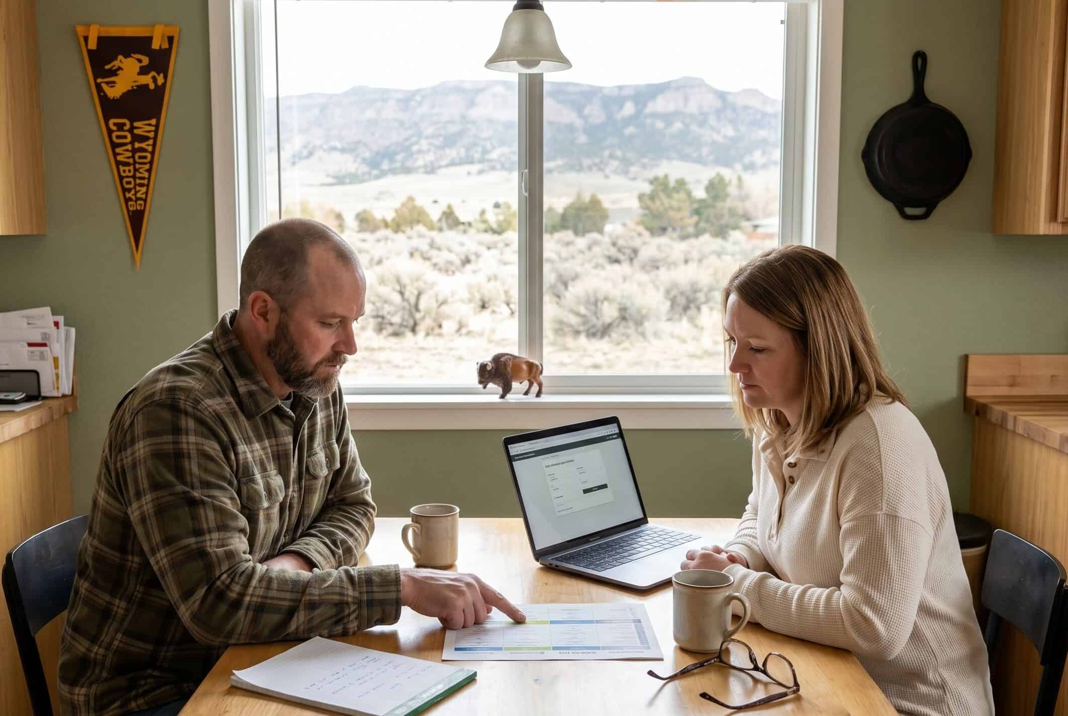 Wyoming couple in their 40s reviewing 2026 health insurance options at a kitchen table in Casper with a view of the Casper Mountain foothills