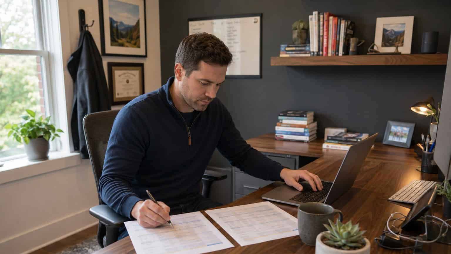 Self-employed Arkansas man reviewing private health insurance options at a Bentonville home office desk in 2026