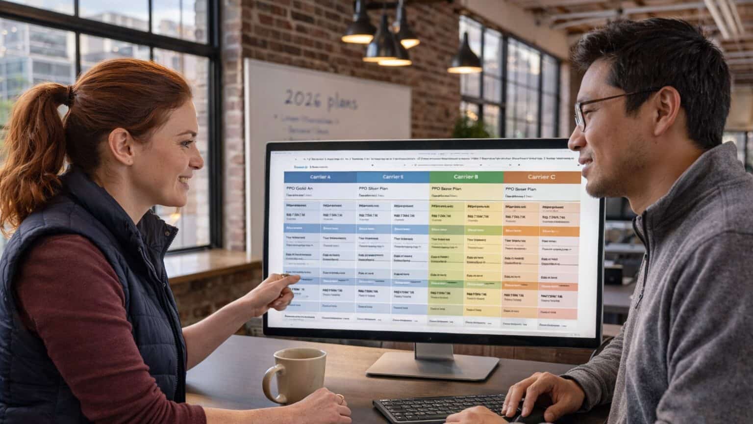 A couple comparing health insurance plan options on a large monitor at a co-working space in Denver's RiNo district