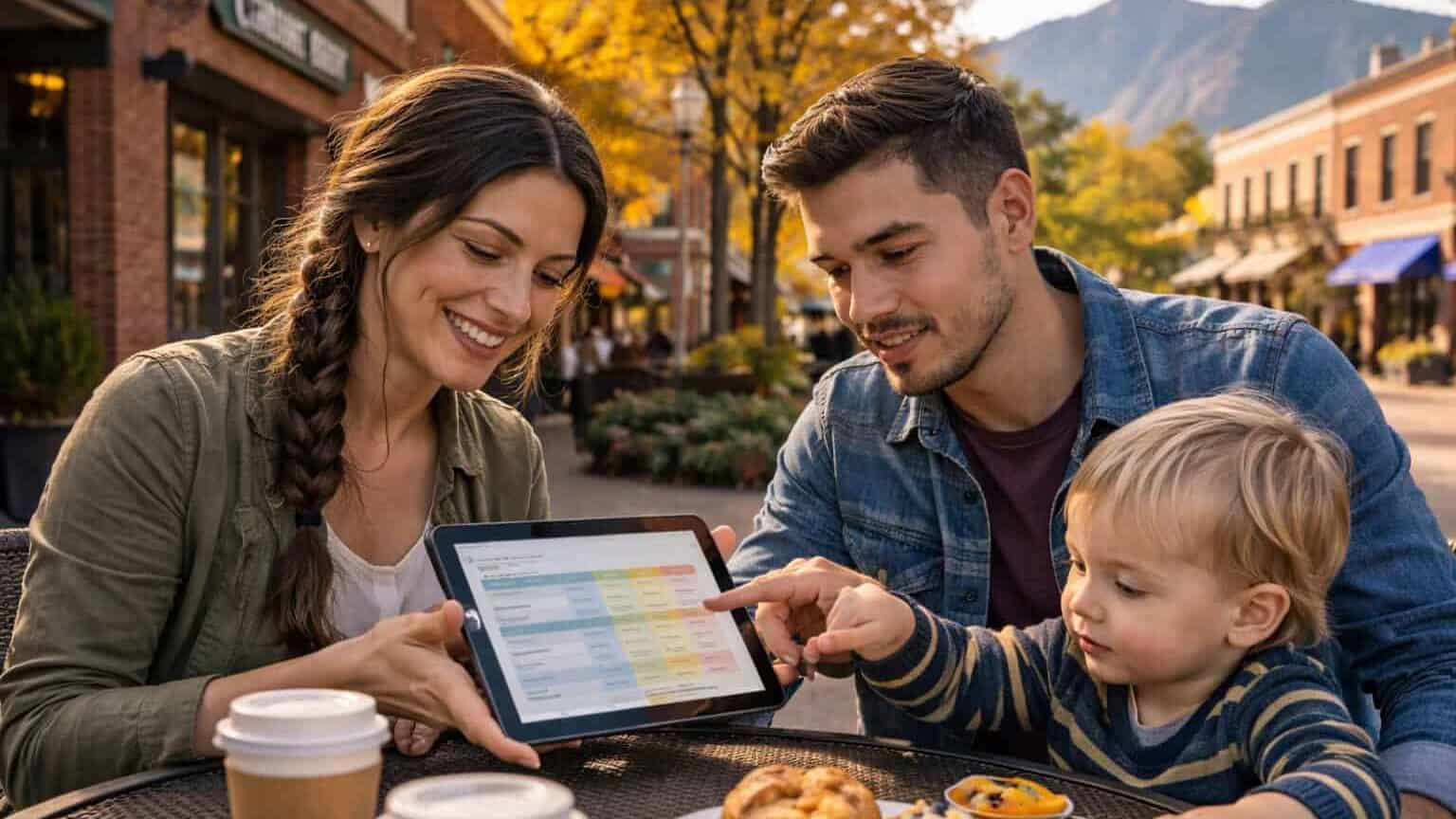 Young Latino family reviewing health insurance options on a tablet at an outdoor café on Pearl Street Mall in Boulder, with the Flatirons visible in the background