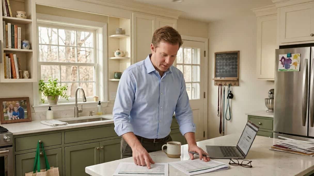 Connecticut man comparing Anthem and ConnectiCare health insurance plans at a Westport kitchen counter in 2026