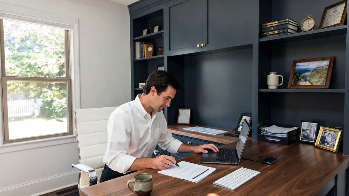 Self-employed Connecticut man reviewing private health insurance options at a Stamford home office desk in 2026