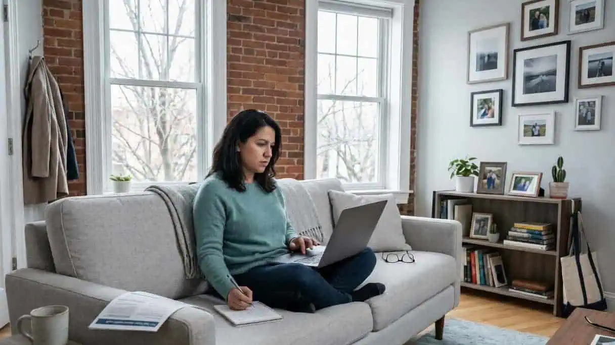 Connecticut woman comparing Access Health CT marketplace plans on a laptop in a New Haven living room in 2026
