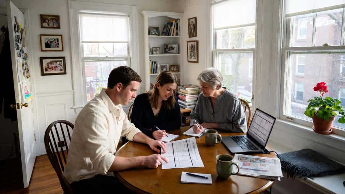 Connecticut family reviewing Access Health CT marketplace plans at a Hartford kitchen table in 2026