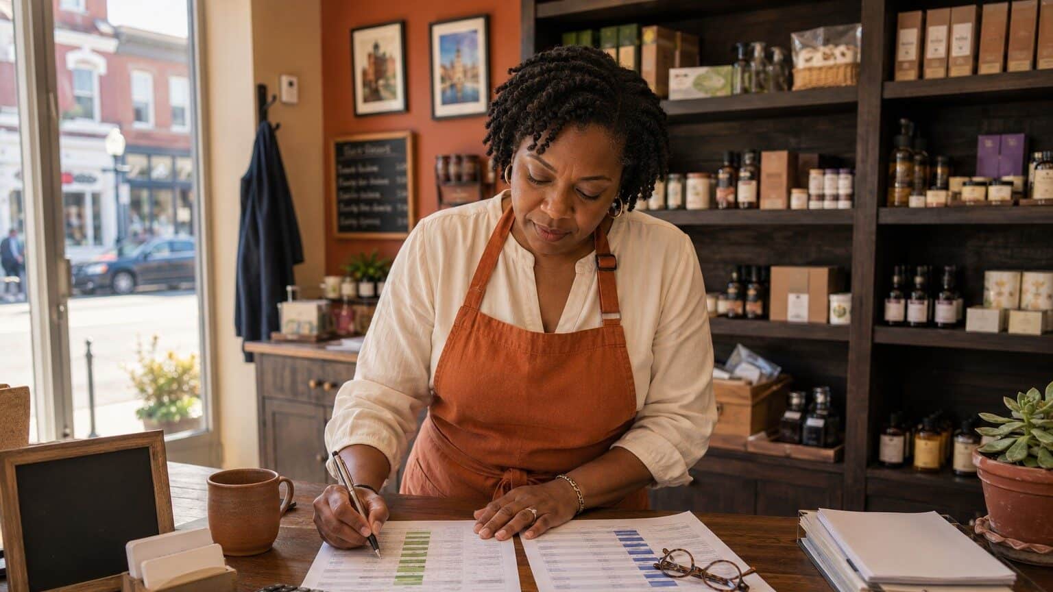 Connecticut small business owner reviewing employee health insurance plan options at a shop counter in New Britain in 2026