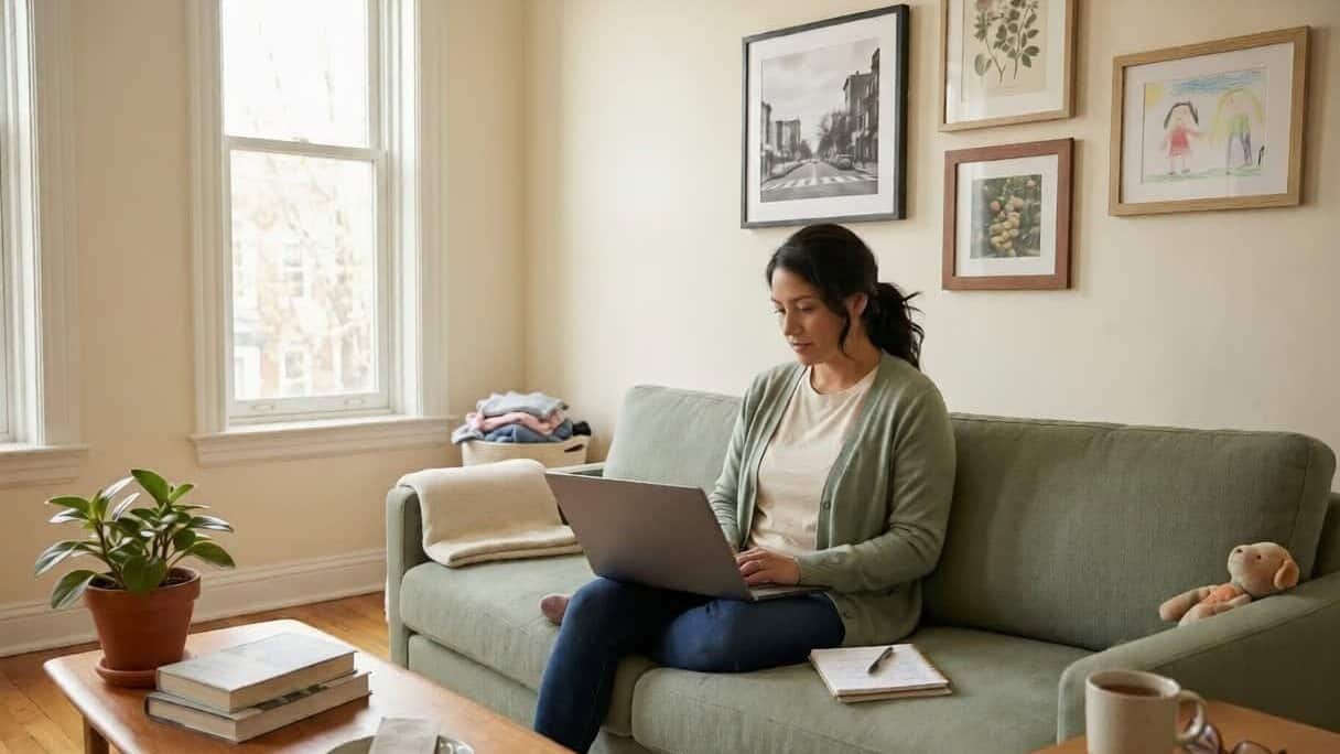 DC mother reviewing 2026 affordable DC Health Link options on a laptop in a Columbia Heights apartment