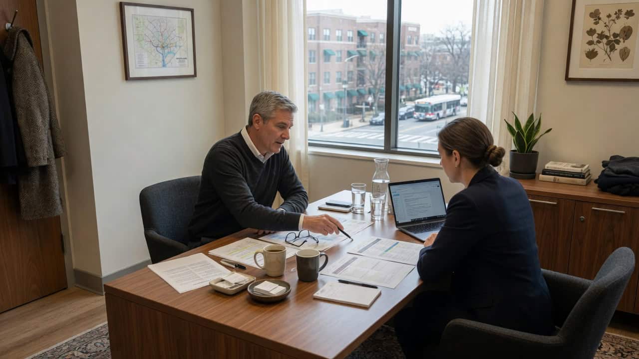 Business meeting discussing health insurance options in an office setting.