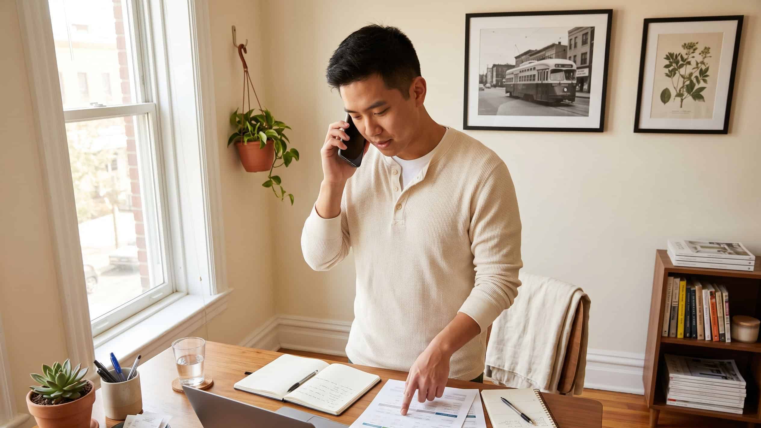 Self-employed DC resident on a phone call about 2026 DC Health Link individual coverage from an H Street home office