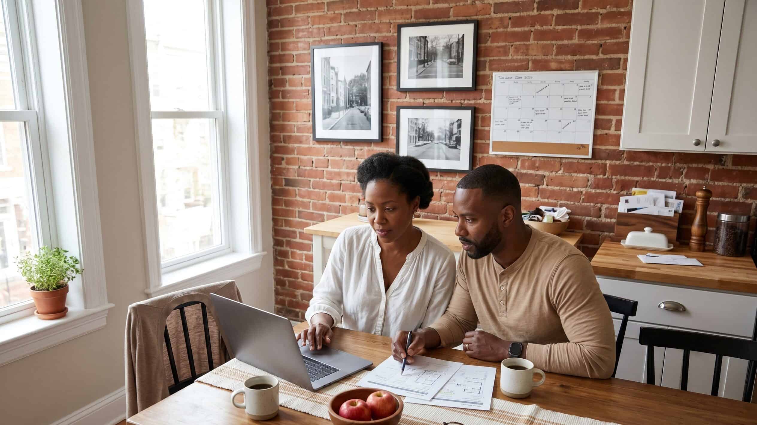 DC couple at a Shaw rowhouse kitchen table comparing 2026 DC Health Link plans on a laptop