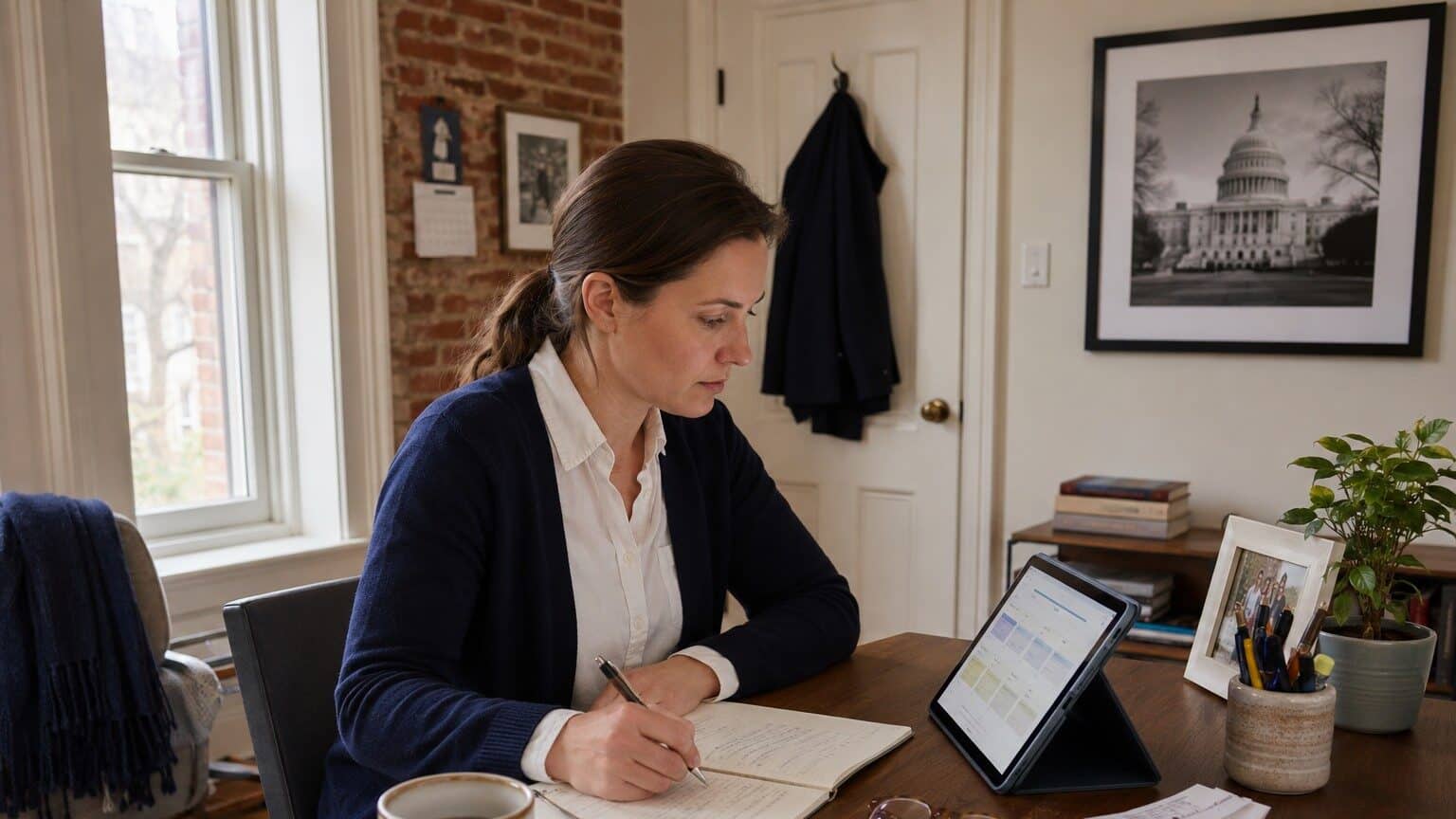 Woman working on a laptop in a cozy home office setting.