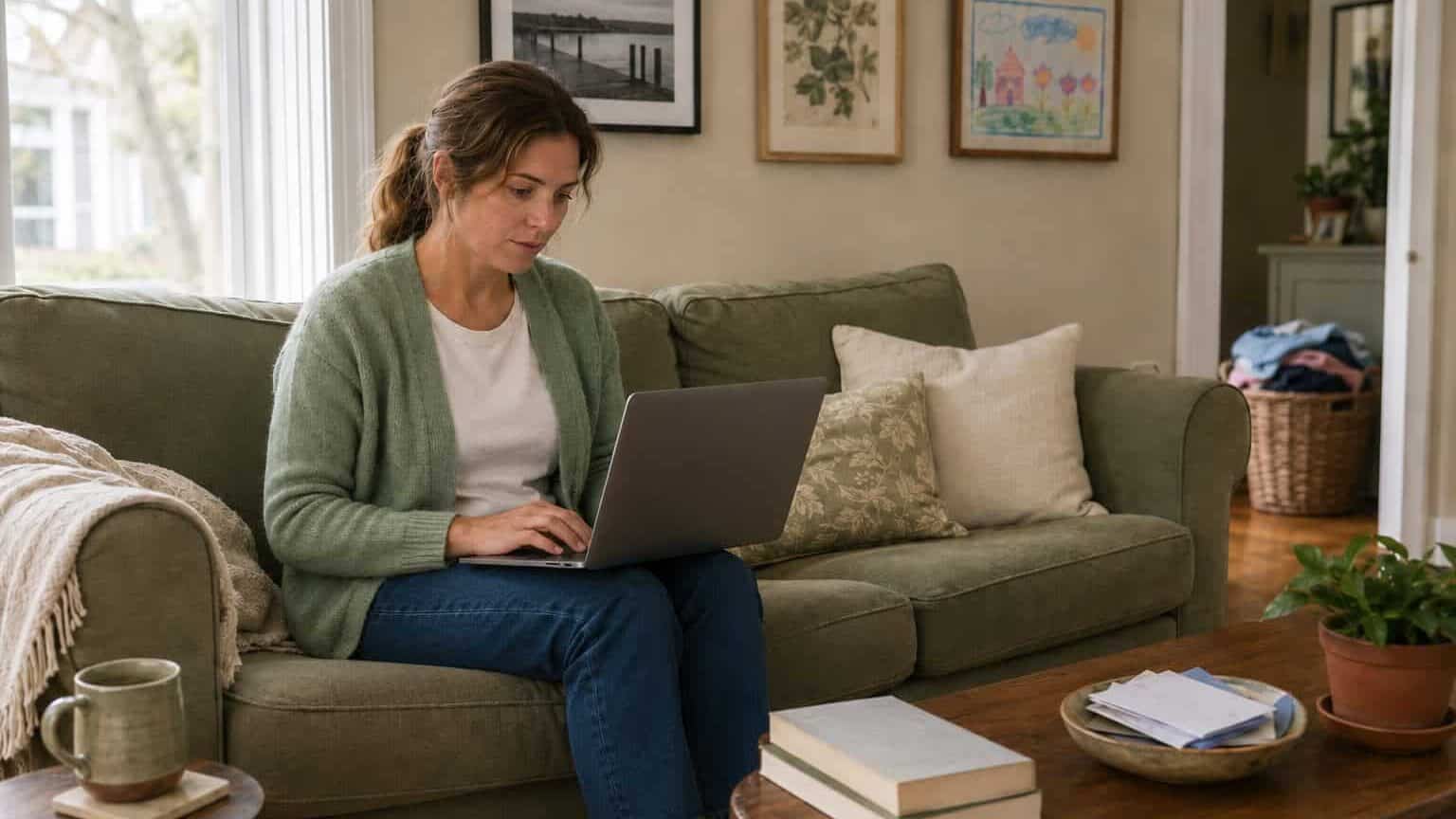 Woman working on laptop at home, researching health insurance options in Delaware.