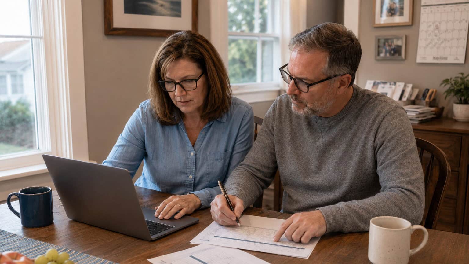 Delaware couple comparing 2026 carrier options on a laptop at a Dover dining table