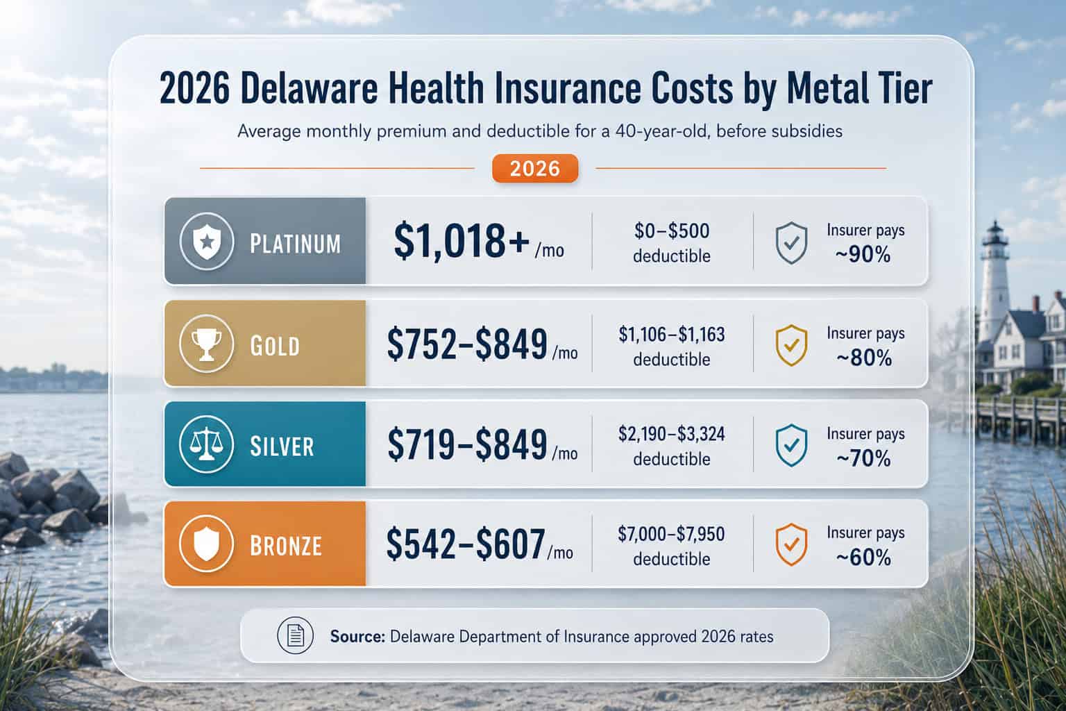 2026 Delaware health insurance cost by metal tier — premium, deductible, and insurer share for Bronze through Platinum