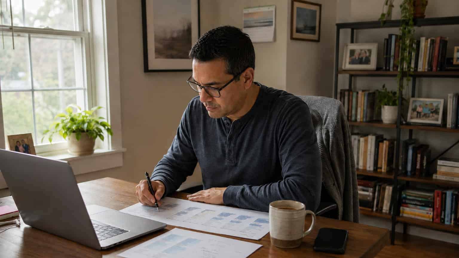Delaware resident reviewing 2026 health insurance plans at a home office desk in Newark