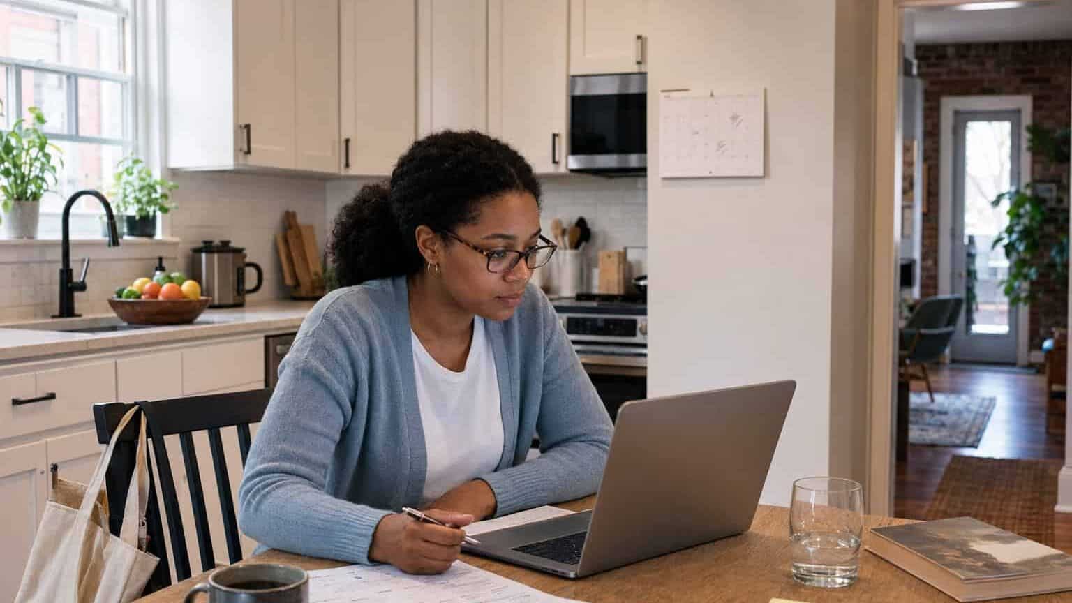 Woman working on health insurance enrollment at home with laptop and documents.