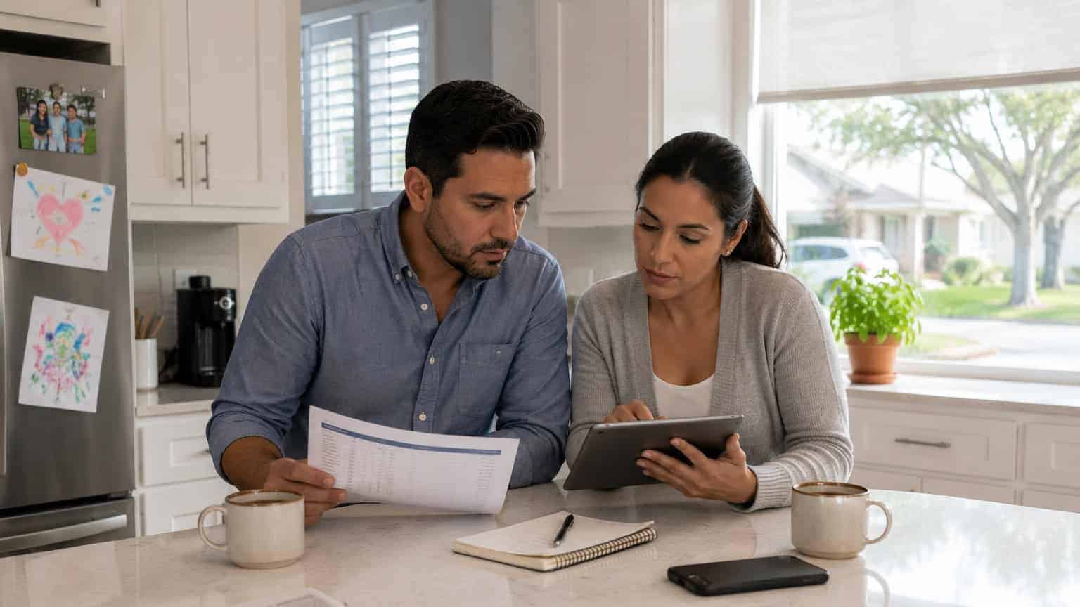 Couple reviewing health insurance plans at home with tablet and documents.