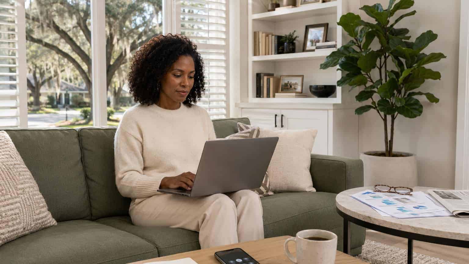 Woman working on laptop at home, researching health insurance options.