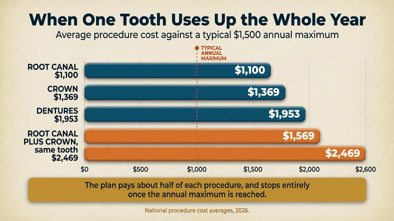 Dental procedure costs comparison chart for root canal, crown, and dentures.