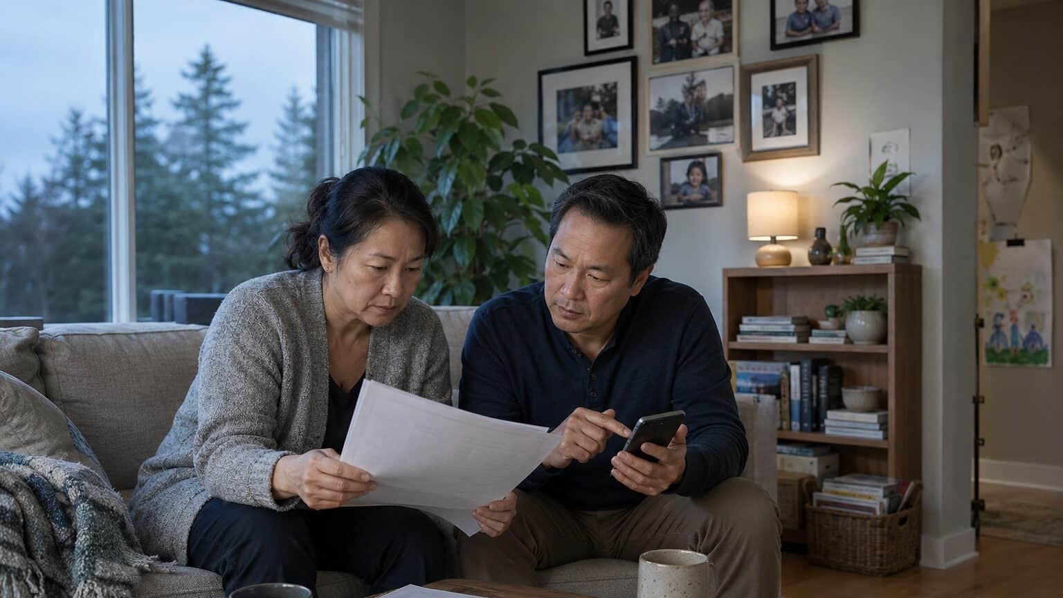 Couple reviewing health insurance documents and using a smartphone at home.
