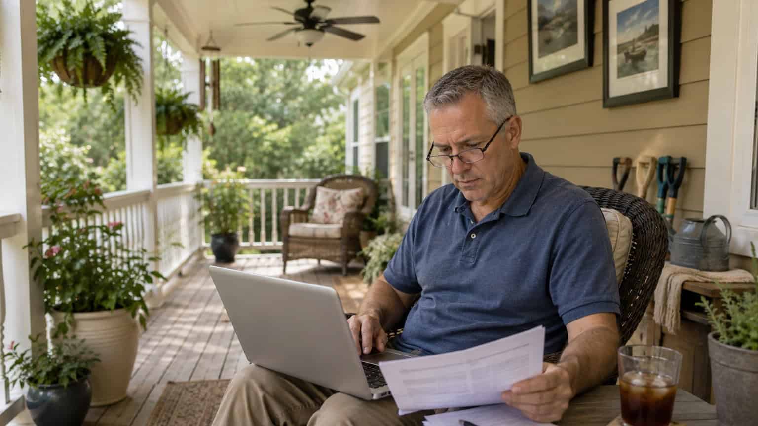 Older man working on laptop with documents on porch with plants and outdoor furniture.