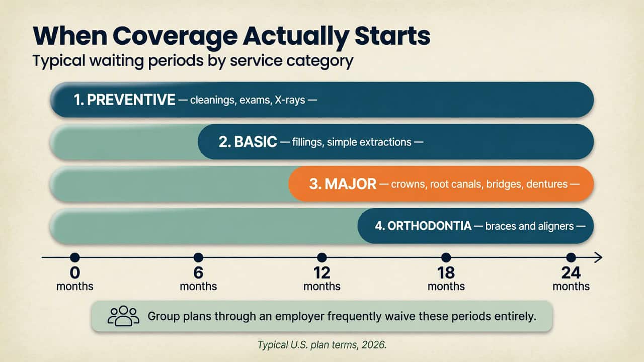 Timeline of dental coverage start periods by service category.
