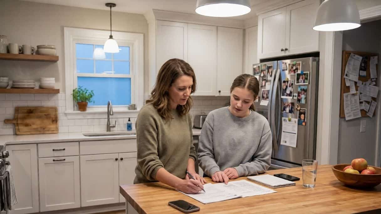 Parent and teenager reviewing an orthodontic treatment plan together at a kitchen island