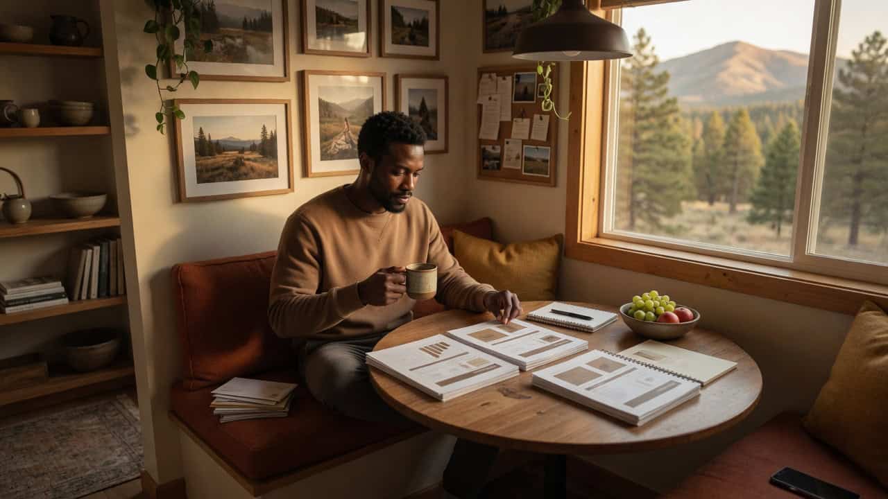 Man reading documents and drinking coffee at kitchen table with mountain view.