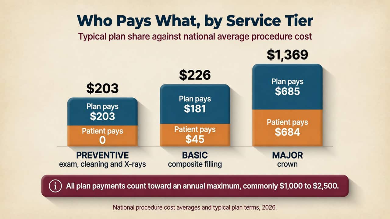 Chart of U.S. dental plan cost sharing by service tier with national average procedure costs