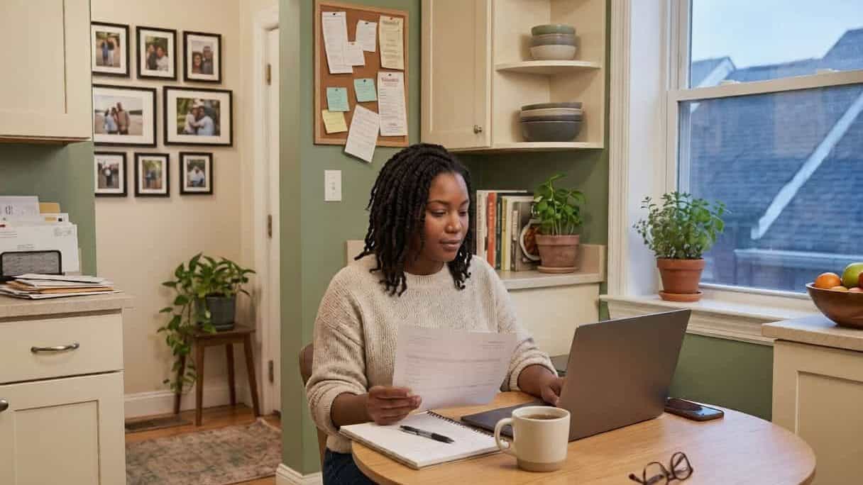 Woman comparing a dental treatment estimate against plan costs at her kitchen table
