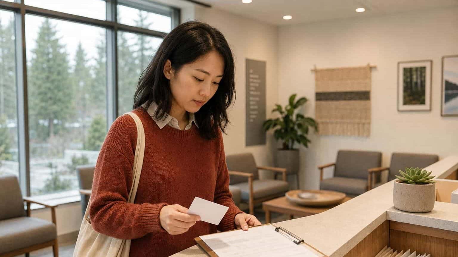 Woman reading a card at a reception desk in a modern office lobby.