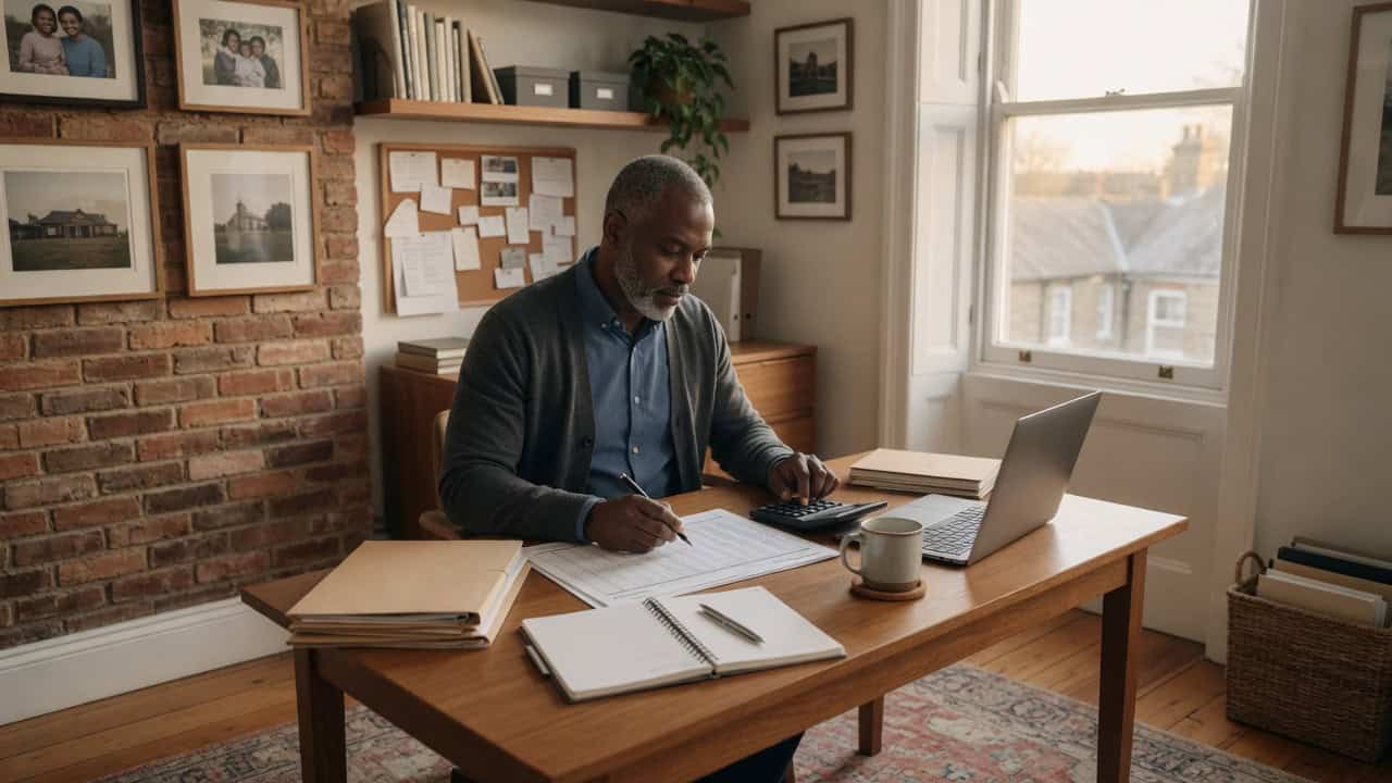 Man working on laptop with documents in a cozy home office setting.