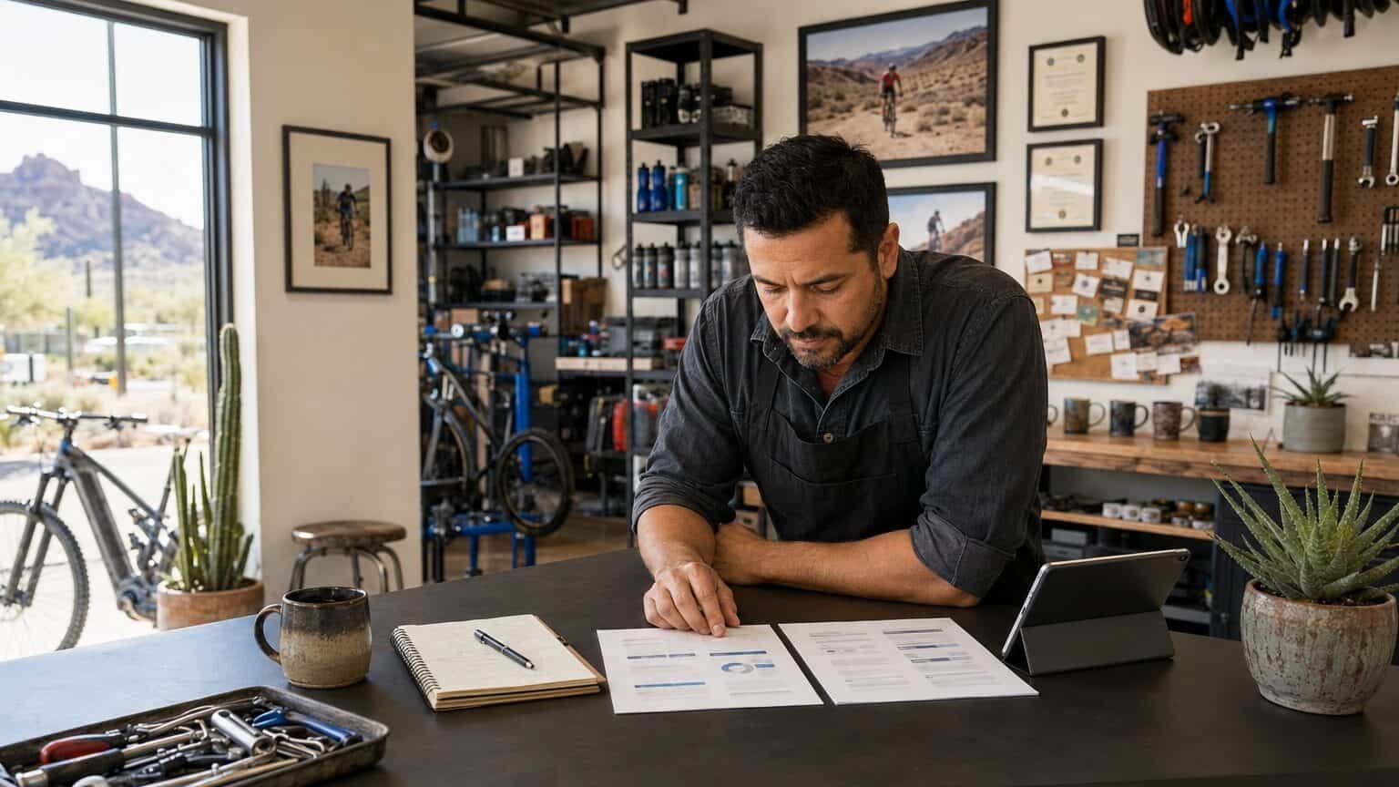 Man analyzing documents at a workshop desk with tools and bike parts.
