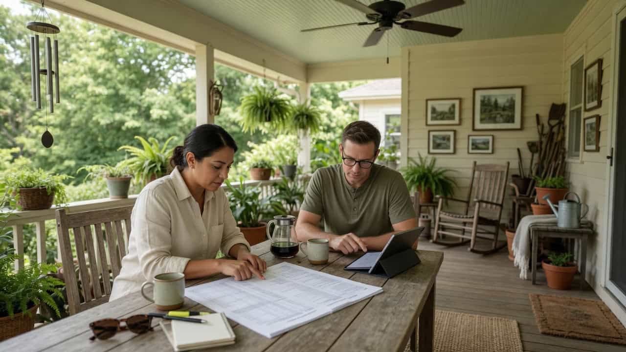 Family discussing health insurance options on porch with documents and laptop.