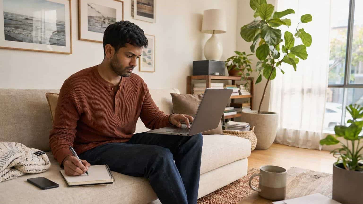 Man working on health insurance options on his laptop at home.