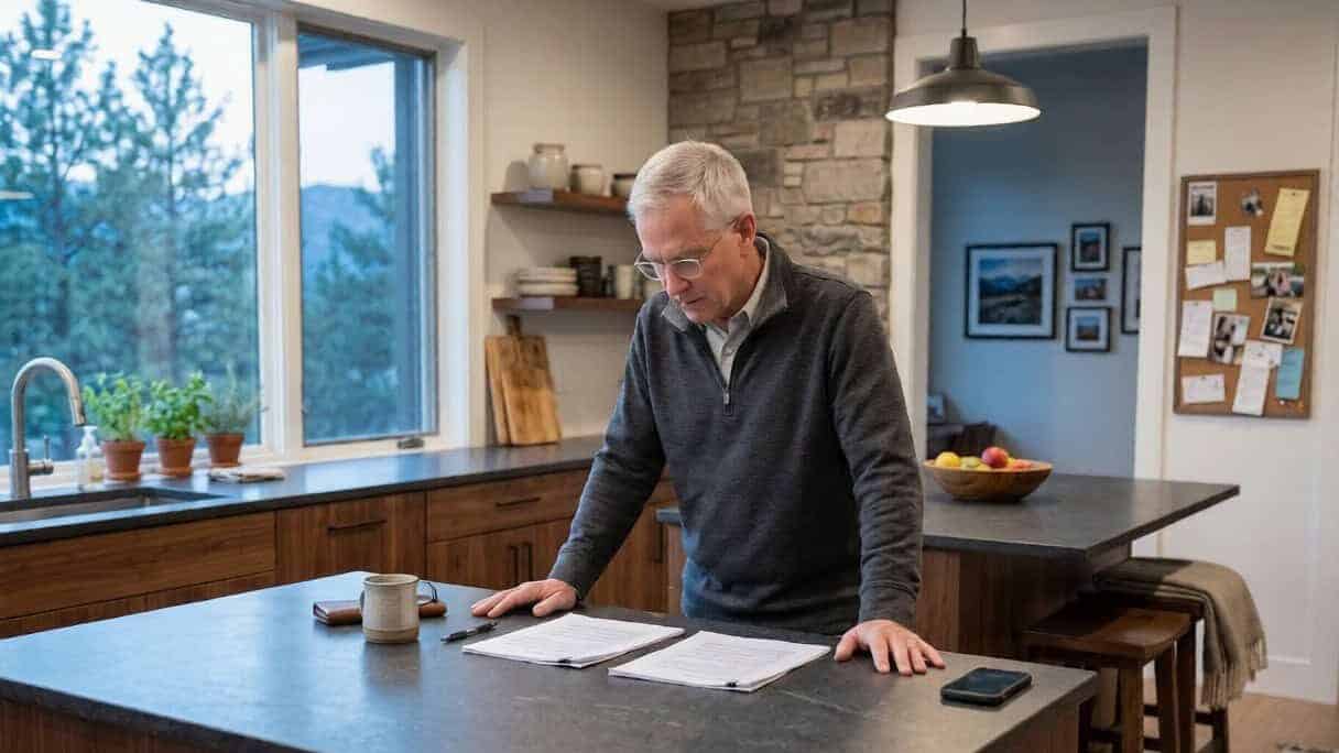 Senior man reviewing health insurance documents in kitchen setting.