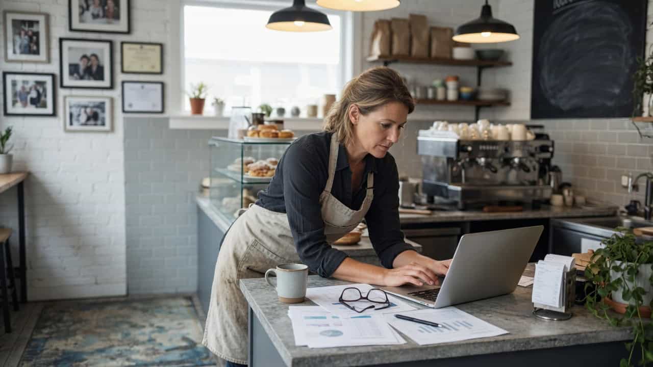 Female barista working on laptop at cafe counter with coffee and documents.