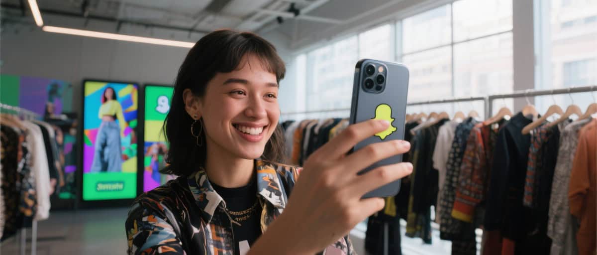 Vendeuse souriante utilisant son smartphone pour prendre une photo dans un magasin de vêtements.