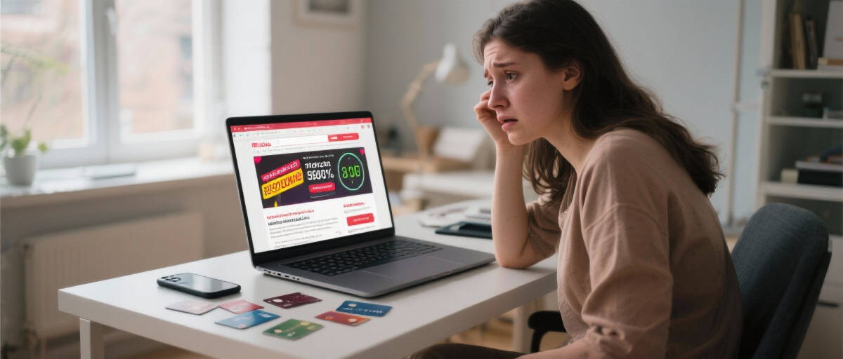 Silhouette femme jeune femme stressée devant ordinateur avec site web de vente en ligne en arrière-plan.