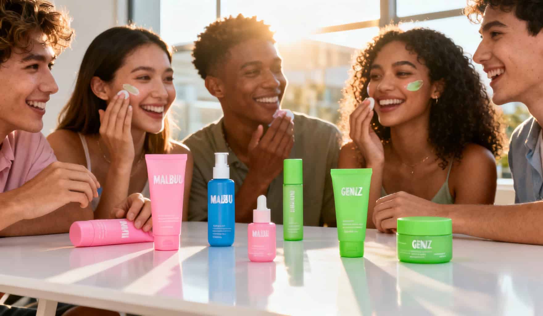 Boissons visage colorées et soins de la peau, jeunes femmes souriantes, produits de beauté, ambiance lumineuse.